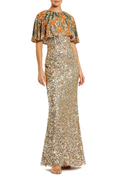 Embellished Floral Beaded And Sequin Cape Gown