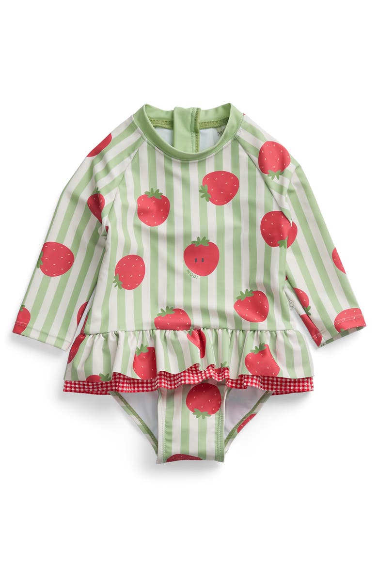 Frill Long Sleeve Swimsuit, Main, color, Strawberry & Green Stripe