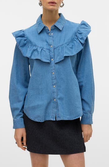 Vero Moda Uli Ruffle Yoke Denim Button-up Shirt In Blue