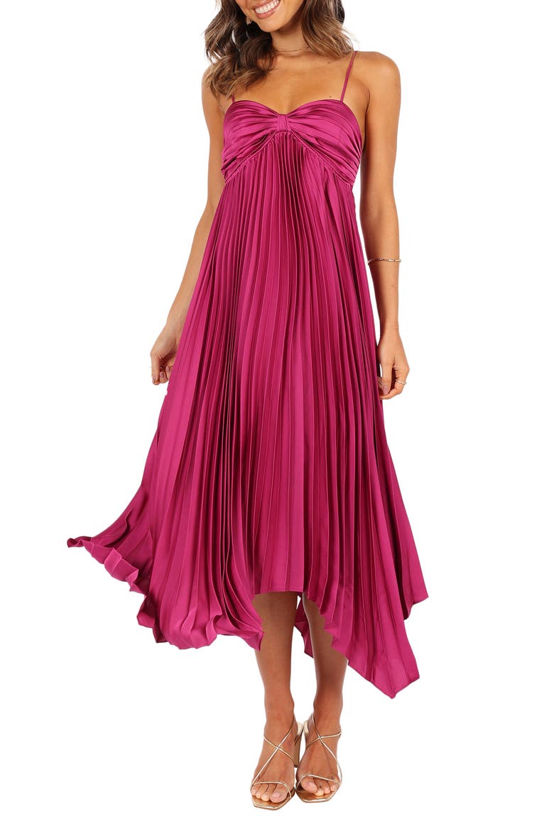 Vikki Pleated Sleeveless Satin Maxi Dress, Main, color, MAGENTA