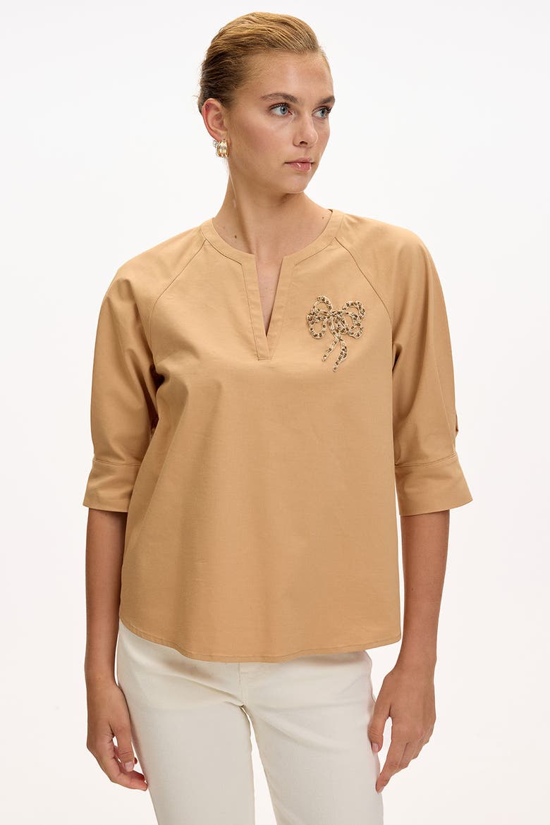 Katharine V Neck Short Sleeve Blouse, Alternate, color, Camel
