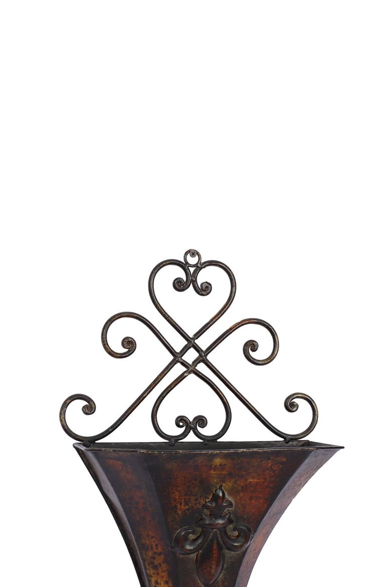 Brown Metal Indoor Outdoor Hanging Scroll Wall Planter - Set of 2, Main, color, BROWN