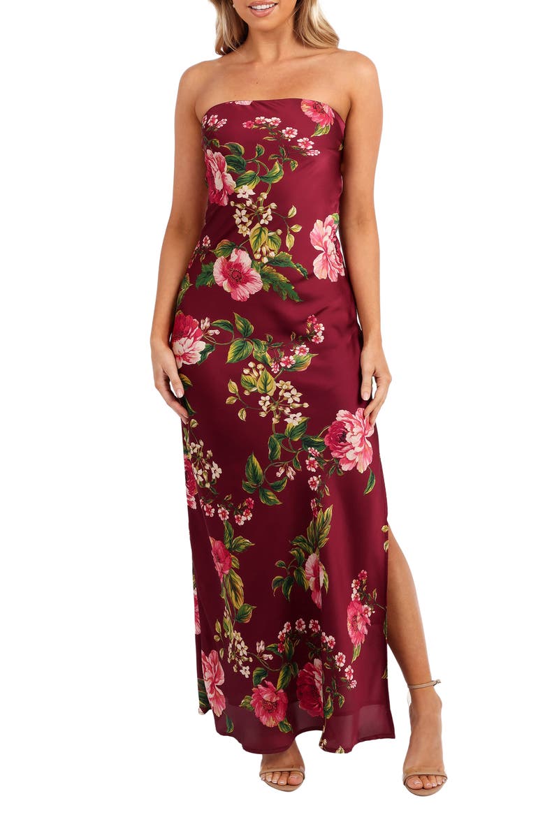 Bryden Strapless Satin Maxi Dress, Main, color, BURGUNDY FLORAL