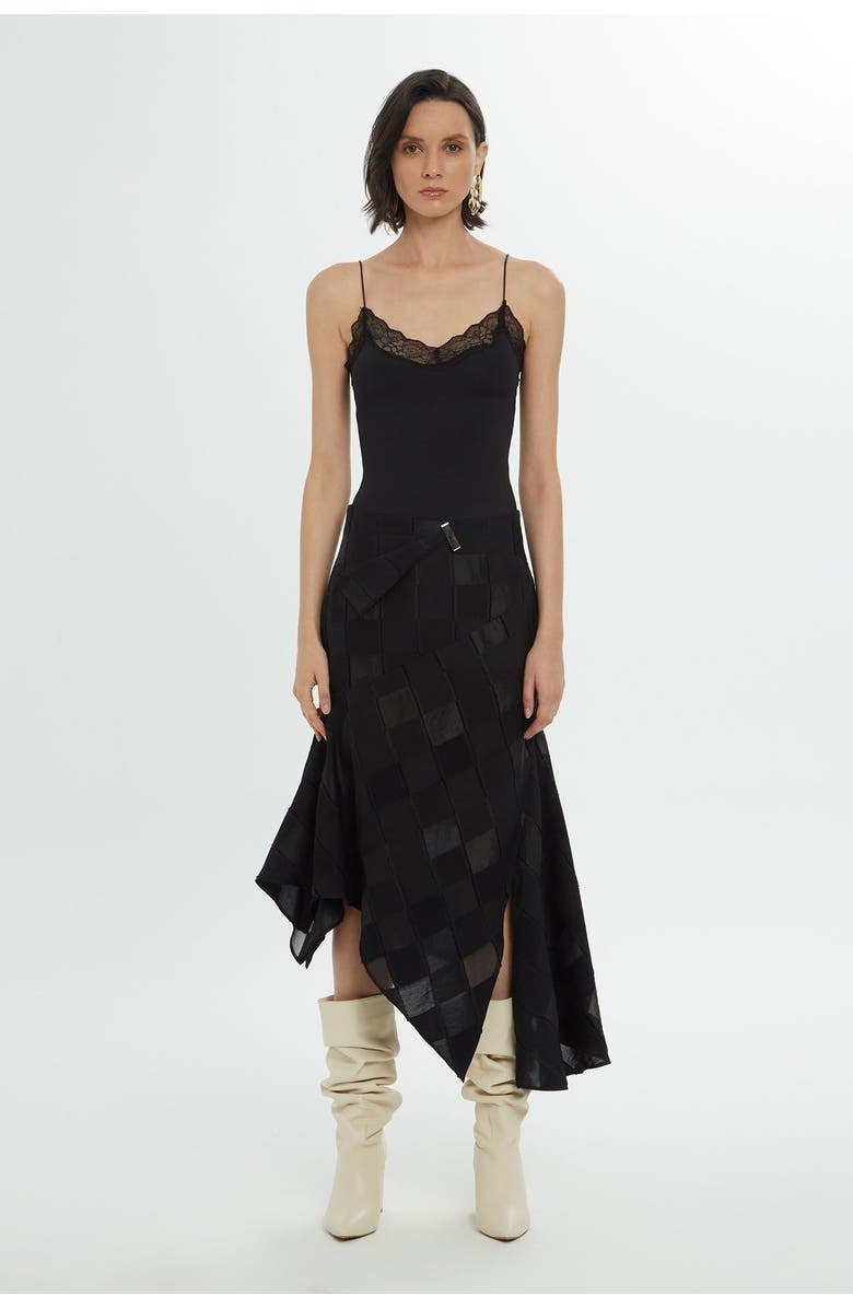 Gizia Asymmetrical Hem Midi Black Skirt, Main, color, Black