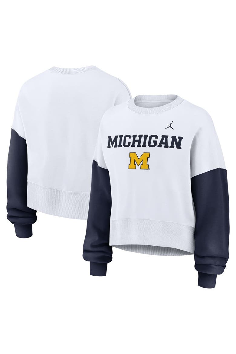 Women's Nike White Michigan Wolverines Color-Block Oversized Cropped Pullover Sweatshirt, Main, color, White