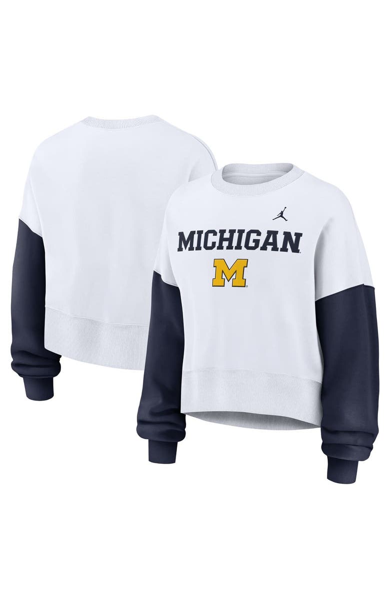 Nike Women's Nike White Michigan Wolverines Color-Block Oversized Cropped Pullover Sweatshirt, Main, color, White