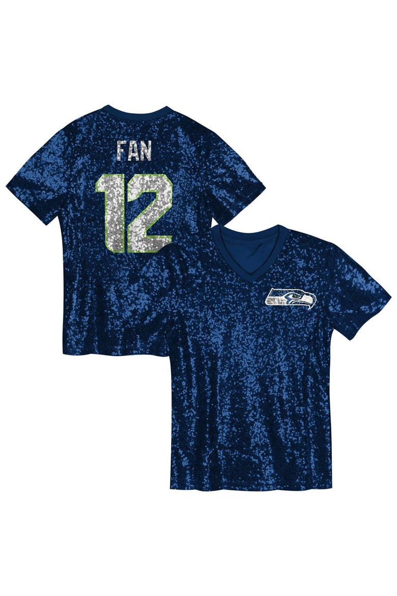 Girls Youth 12 Fan College Navy Seattle Seahawks Sequin V-Neck Fashion Jersey, Main, color, College Navy