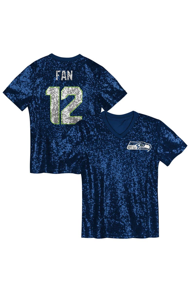Outerstuff Girls Youth 12 Fan College Navy Seattle Seahawks Sequin V-Neck Fashion Jersey, Main, color, College Navy