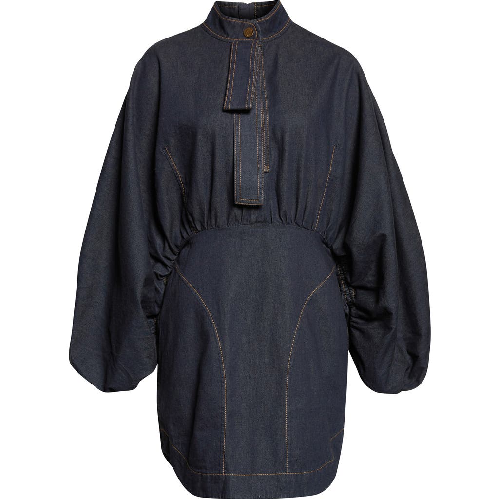Zimmermann Gathered Long Sleeve Denim Minidress In Blue