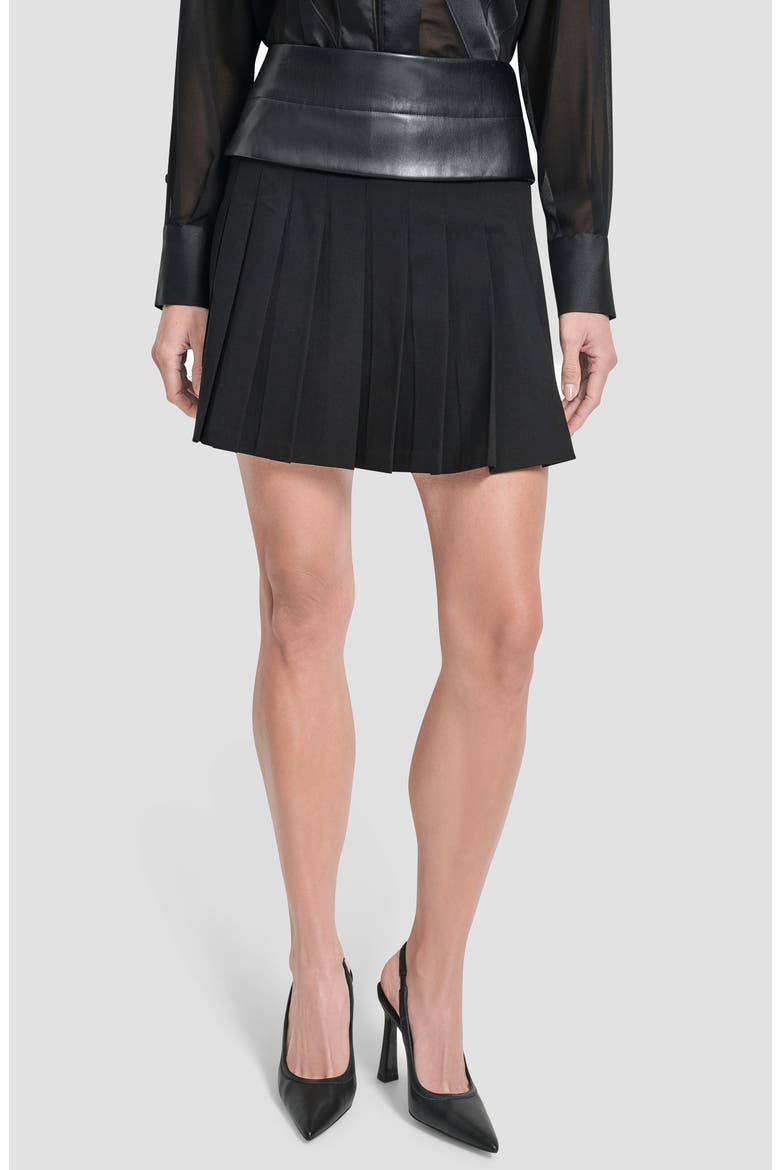 Pleated Mixed Media Miniskirt, Main, color, BLACK