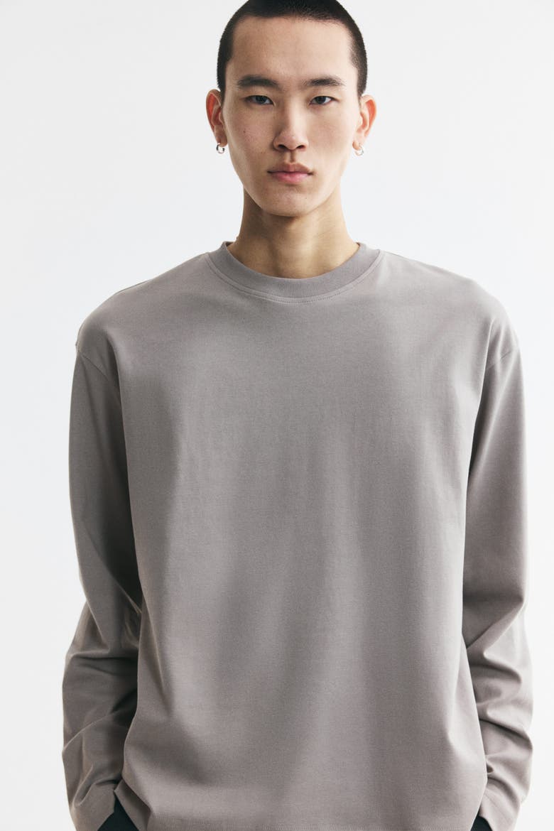 Relaxed-Fit Long-Sleeved Interlock Cotton T-Shirt, Alternate, color, Light taupe