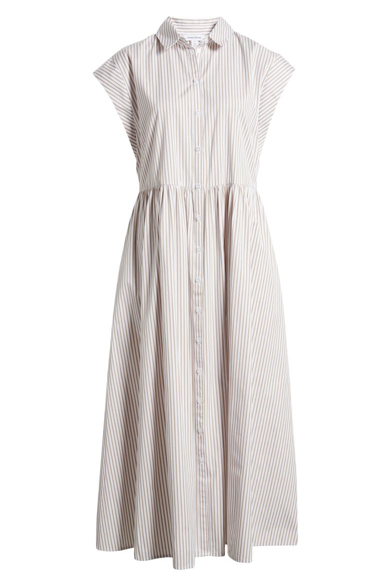 Drop Waist Button Front Cotton Midi Dress, Alternate, color, WHITE- TAN SAMBA STRIPE