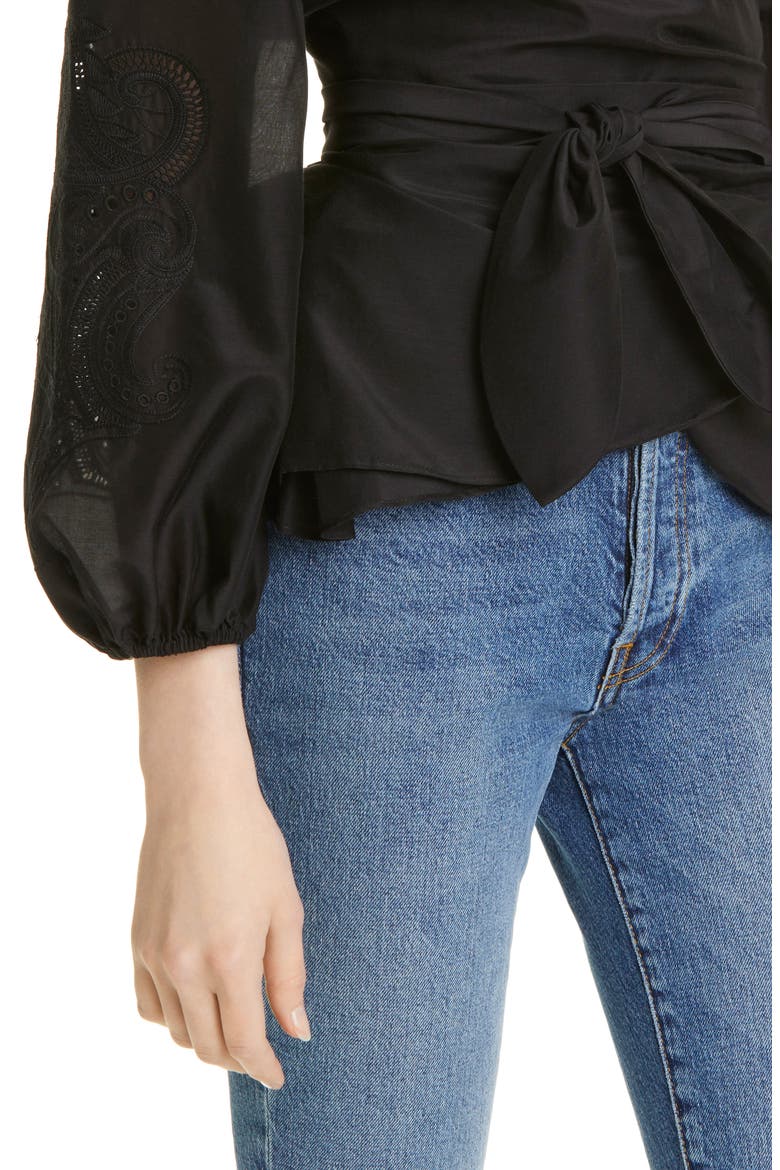 Norah Balloon Sleeve Cotton & Silk Wrap Blouse, Alternate, color, BLACK