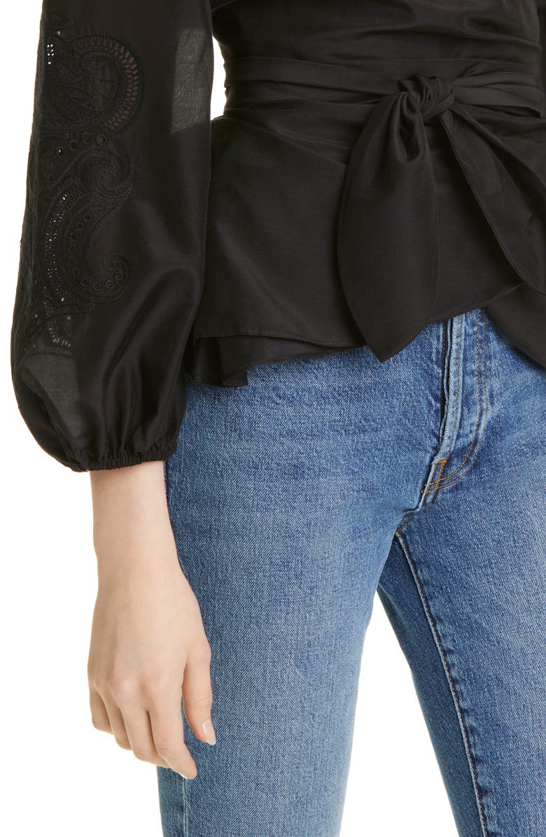 KOBI HALPERIN Norah Balloon Sleeve Cotton & Silk Wrap Blouse, Alternate, color, 