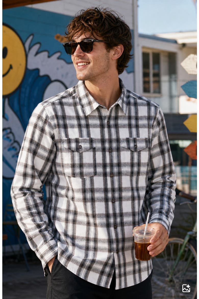 Plaid Flannel Shirt, Alternate, color, IVORY BLACK