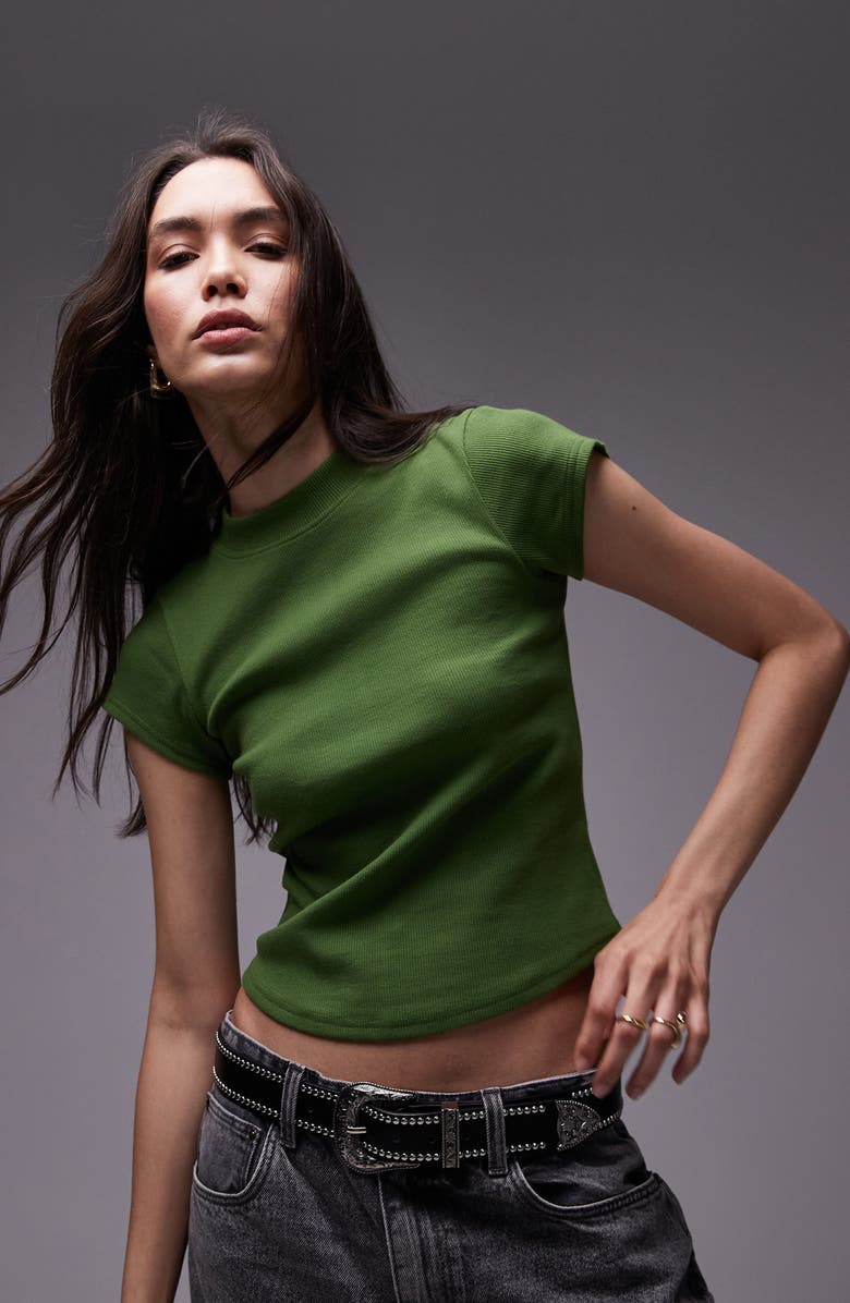 Topshop Curved Hem Fitted Stretch Cotton T-Shirt, Main, color, Medium Green