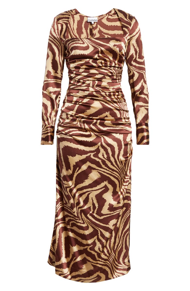 Ganni Tiger Stripe Stretch Silk Long Sleeve Silk Midi Dress, Alternate, color,