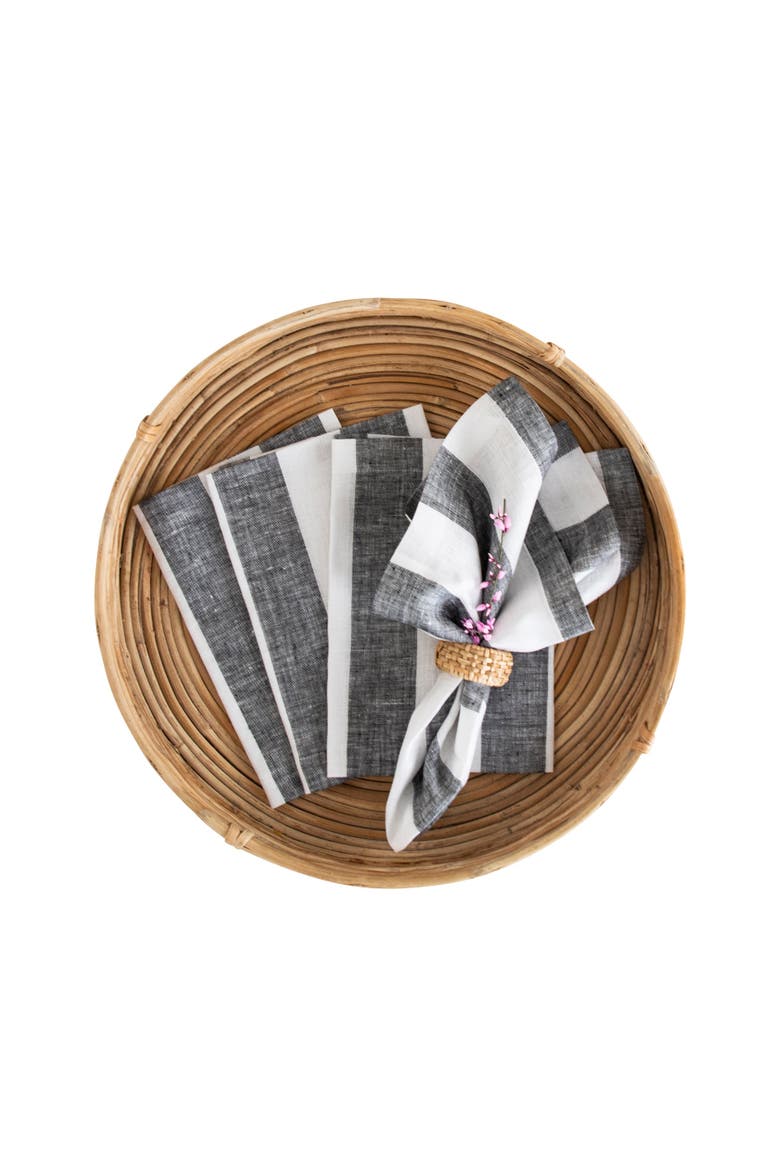 Linen Dinner Napkins Set of 4, 20 x 20" - Cabana Stripe, Main, color, Black and White