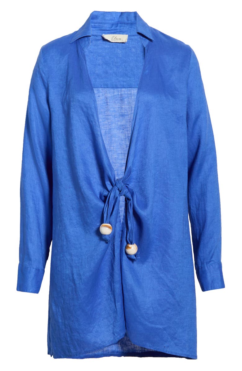 Elan Tie Front Long Sleeve Linen Cover-Up, Main, color, Sapphire Blue