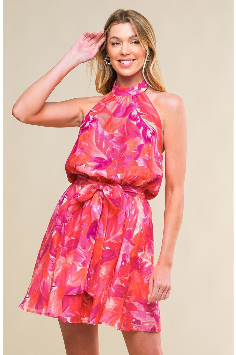 Floral Print Halter Minidress, Alternate, color, FUCHSIA