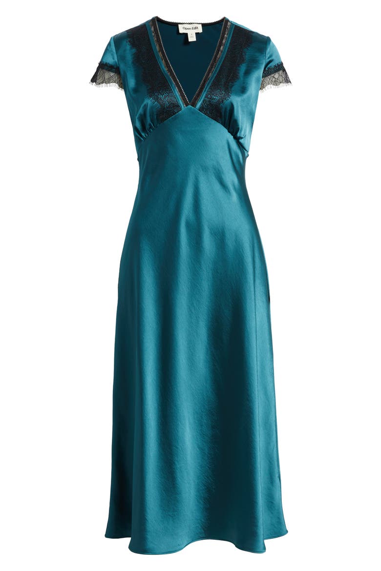Lace Trim Satin Dress, Alternate, color, TEAL MARINA