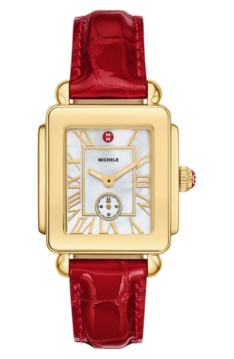MICHELE Deco Sport Mid Leather Strap Watch, 29mm x 31mm, Main, color, Red/ Gold