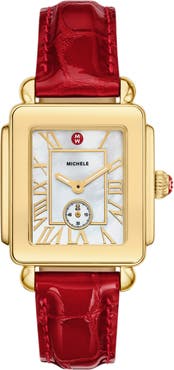 MICHELE Deco Sport Mid Leather Strap Watch, 29mm x 31mm