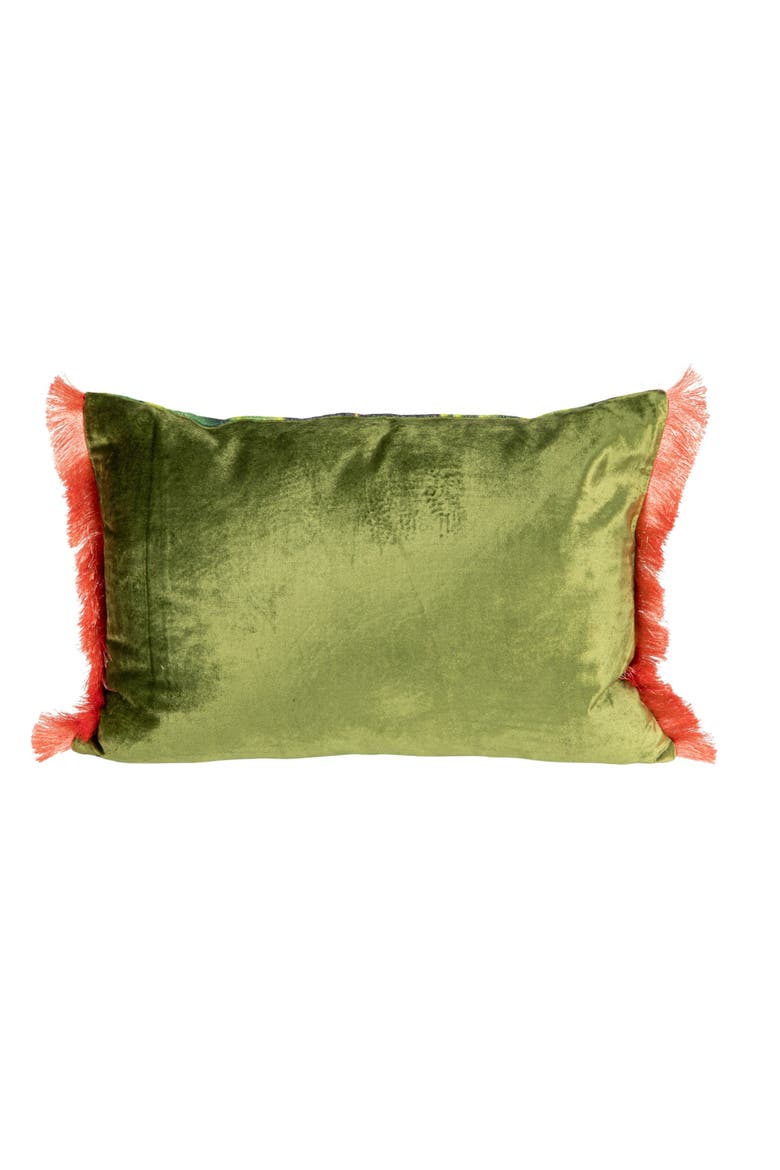 Cotton Blend Velvet Printed Lumbar Pillow with Cheetah Image and Eyelash Fringe, Multi Color, Alternate, color, Green