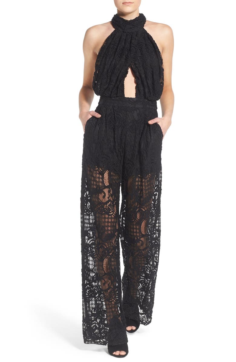 KENDALL + KYLIE Double Keyhole Lace Jumpsuit, Main, color, 