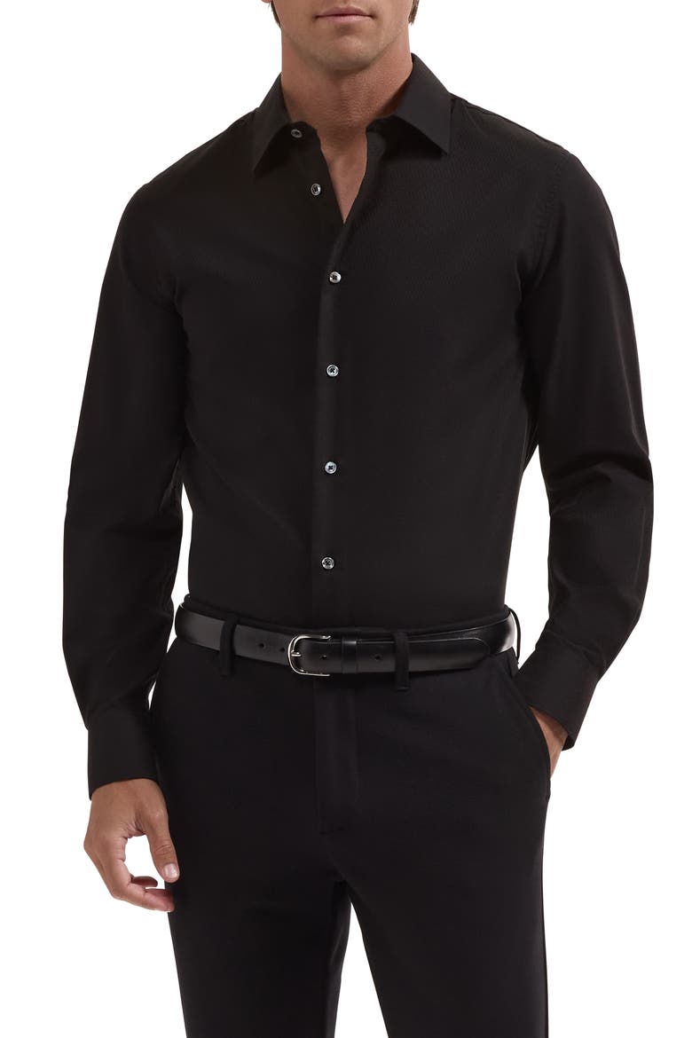 Julian Shaped Fit Solid Jacquard Button-Up Shirt, Main, color, BLACK