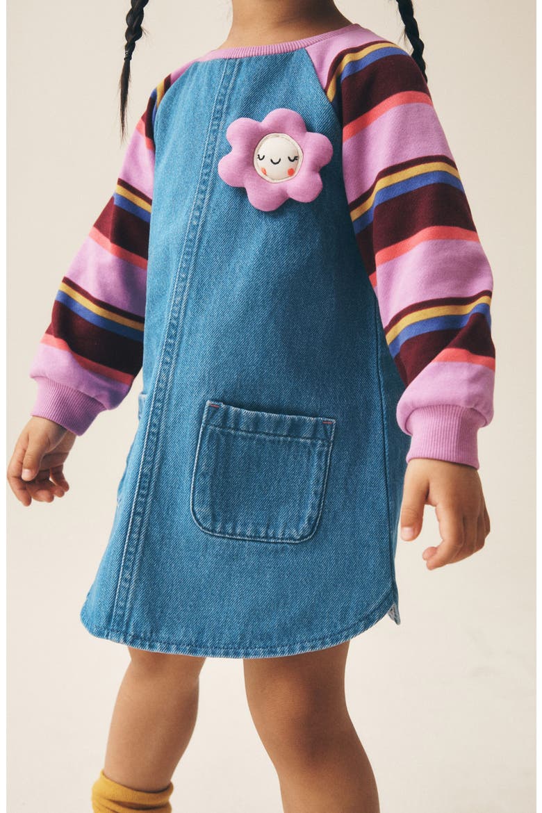 Kids' Stripe Sleeve Denim Dress, Alternate, color, BLUE