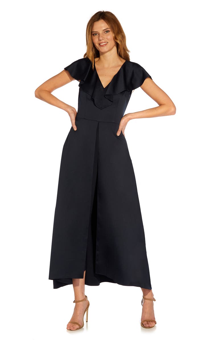 Adrianna Papell Ruffle Satin Crepe Wide Leg Maxi Romper, Alternate, color, 