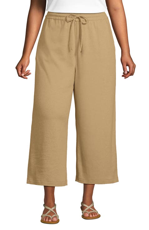 Plus Size Sport Knit Elastic Waist Wide Leg Crop Pants