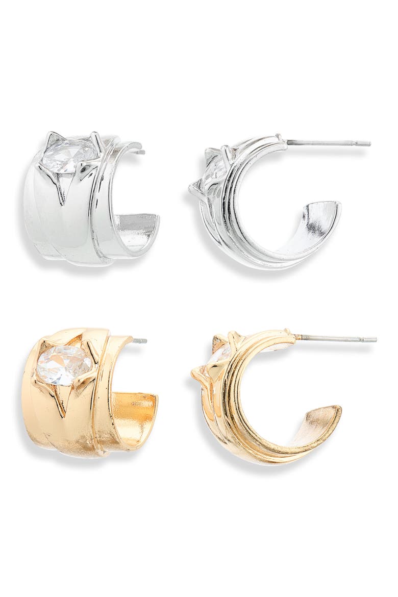 Set of 2 Mini Hoop Earrings, Main, color, GOLD-SILVER