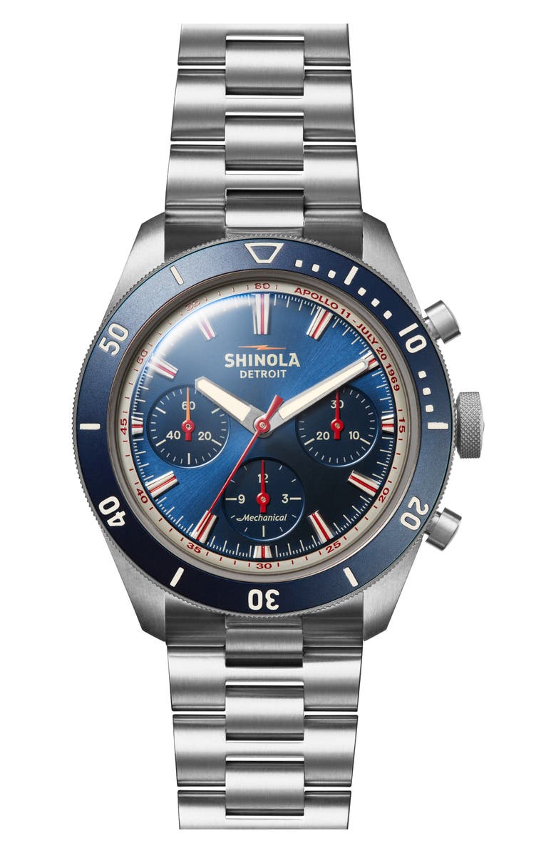 Shinola The Mooncraft Monster Chronograph Bracelet Watch, 43mm, Main, color, Seablue/ Silver