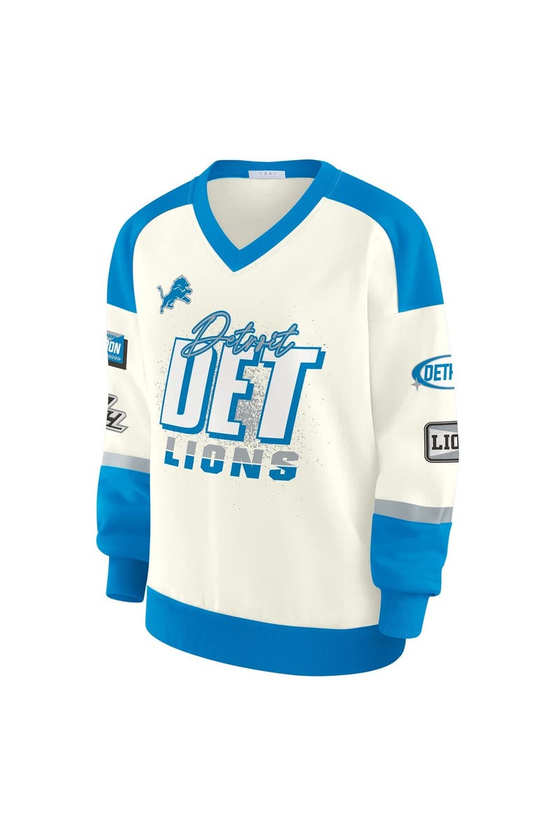 WEAR by Erin Andrews Women's WEAR by Erin Andrews Cream Detroit Lions Racing Crew V-Neck Sweatshirt, Alternate, color,