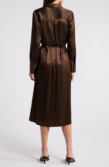 Anina Tie Waist Long Sleeve Satin Midi Shirtdress