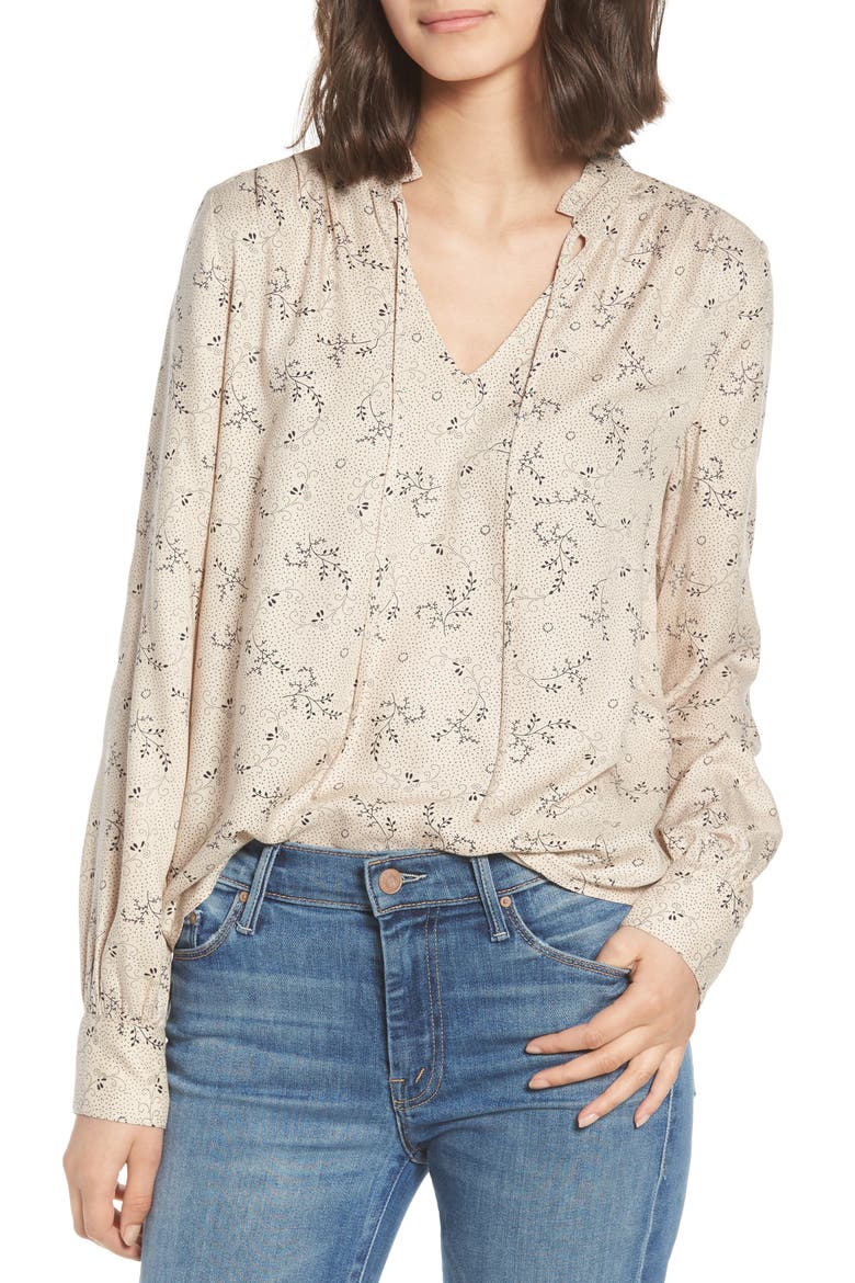Ruffle V-Neck Blouse, Main, color, BEIGE WHISPER DOTTED SPRIGS