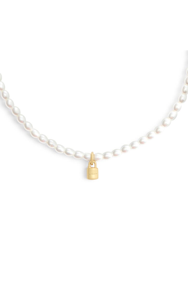 COACH Padlock Pendant Faux Pearl Choker Necklace, Alternate, color, Pearl/ Gold