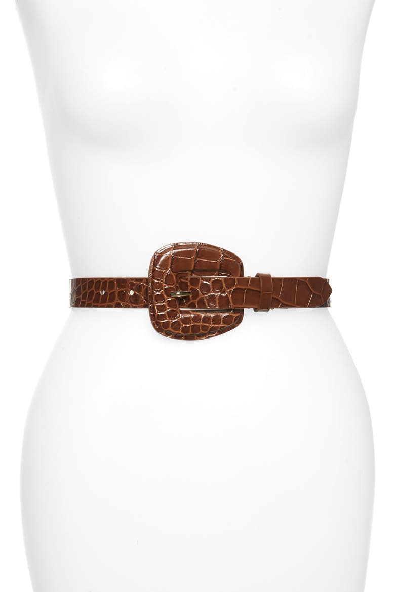 Elsy Embossed Leather Belt, Main, color, BROWN