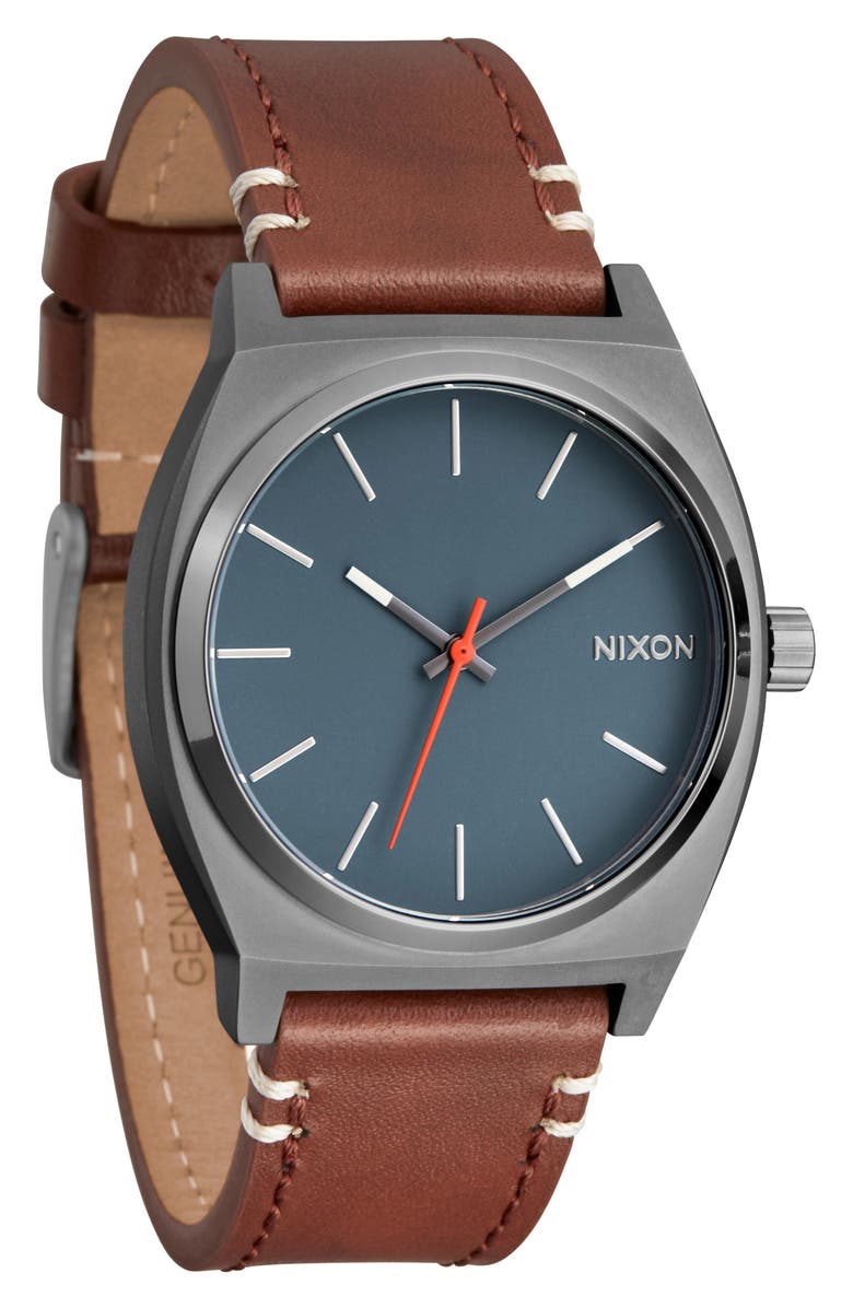 Nixon Time Teller Leather Strap Watch, 37mm, Alternate, color, Gunmetal / Basalt / Sienna