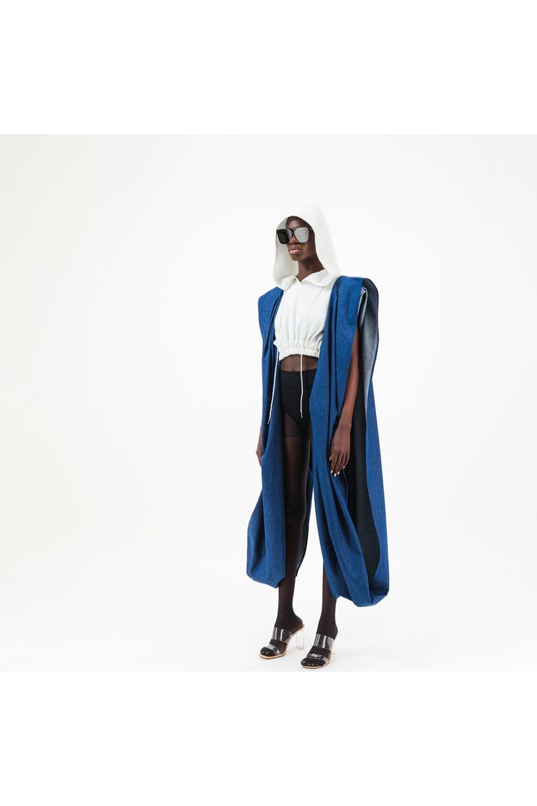 Denim Agbada Sleeves Cropped Hoodie, Alternate, color, White/blue