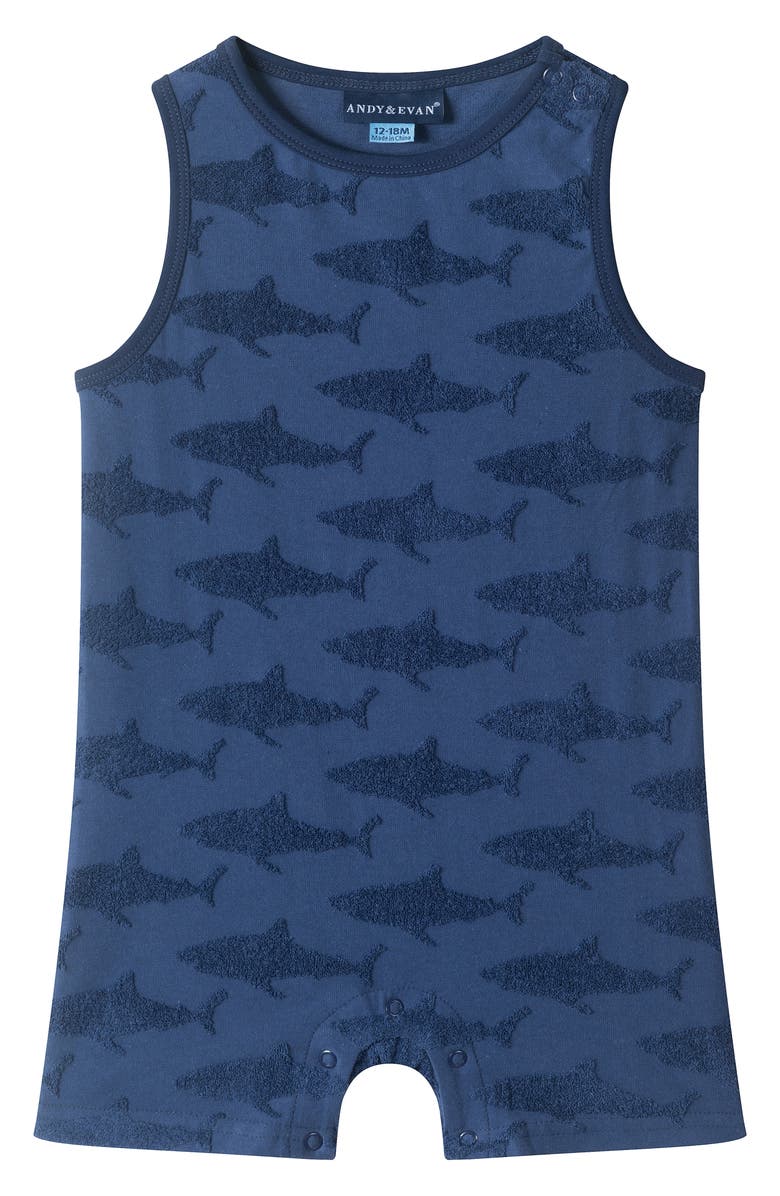 Andy & Evan Print Romper & Bib Set, Alternate, color, Navy