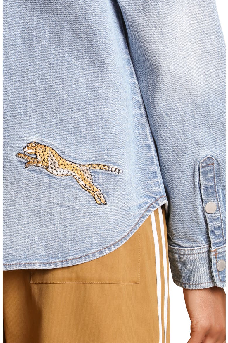 Cheetah Embroidered Stretch Denim Shirt Jacket, Alternate, color, LIGHT BLUE WASH