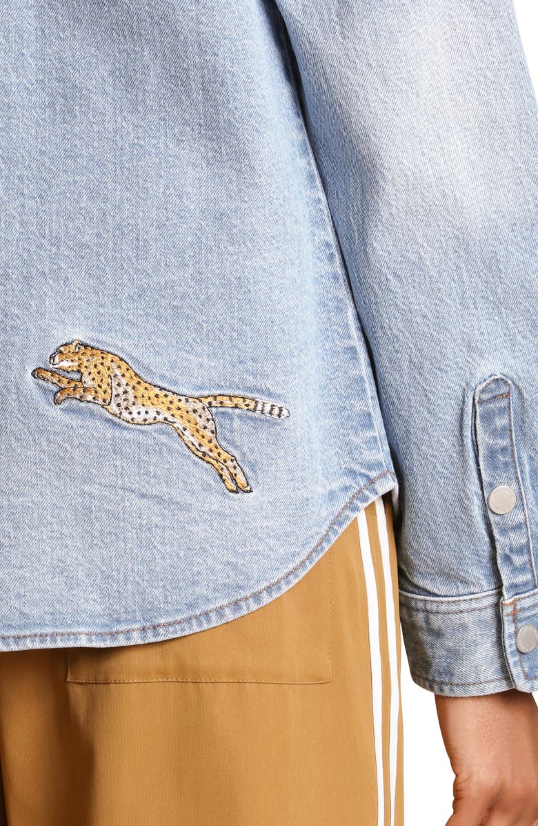 Avec Les Filles Cheetah Embroidered Stretch Denim Shirt Jacket, Alternate, color, Light Blue Wash