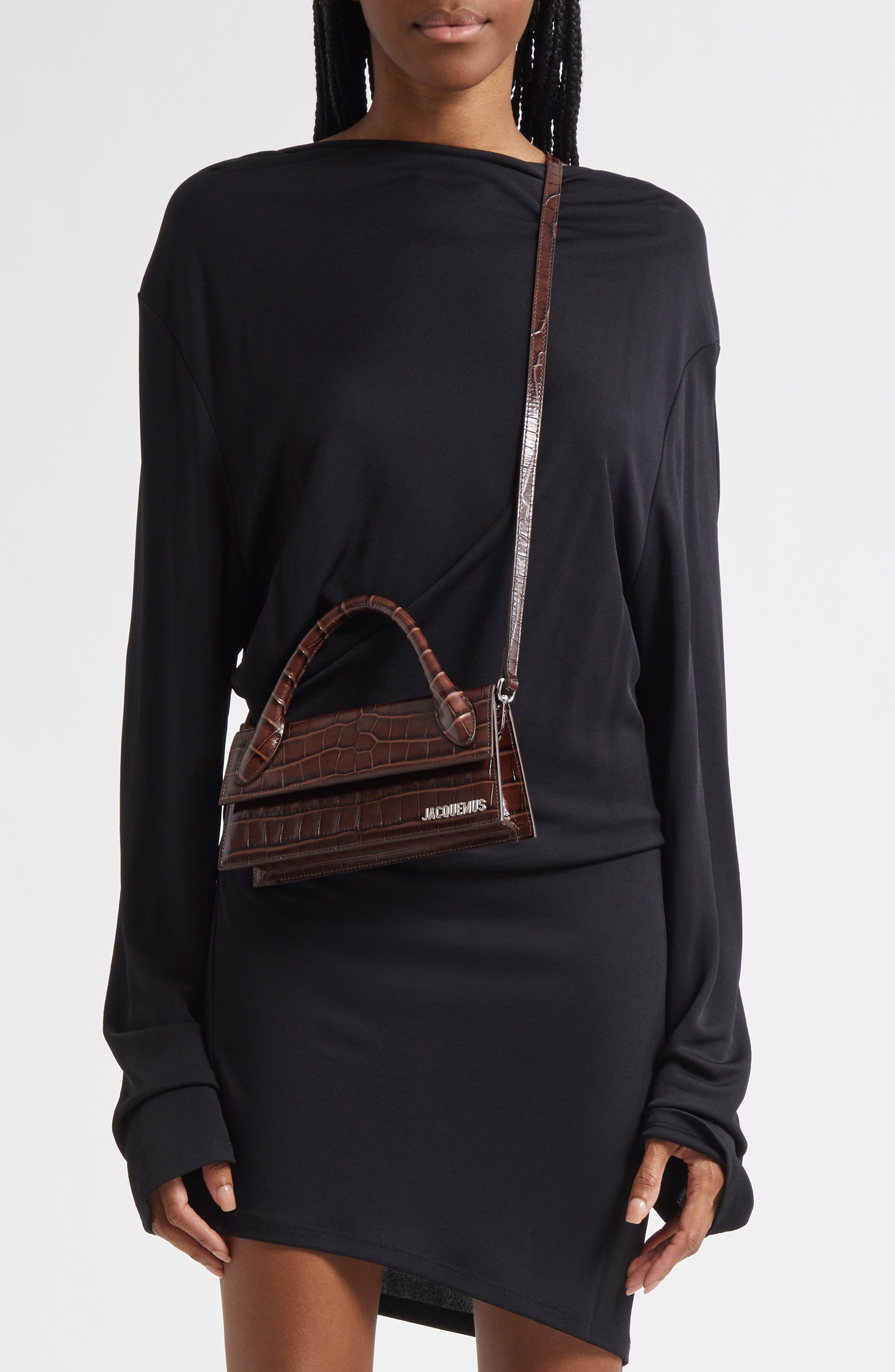 Jacquemus Le Chiquito Long Croc Embossed Leather Top Handle Bag, Alternate, color, Dark Brown