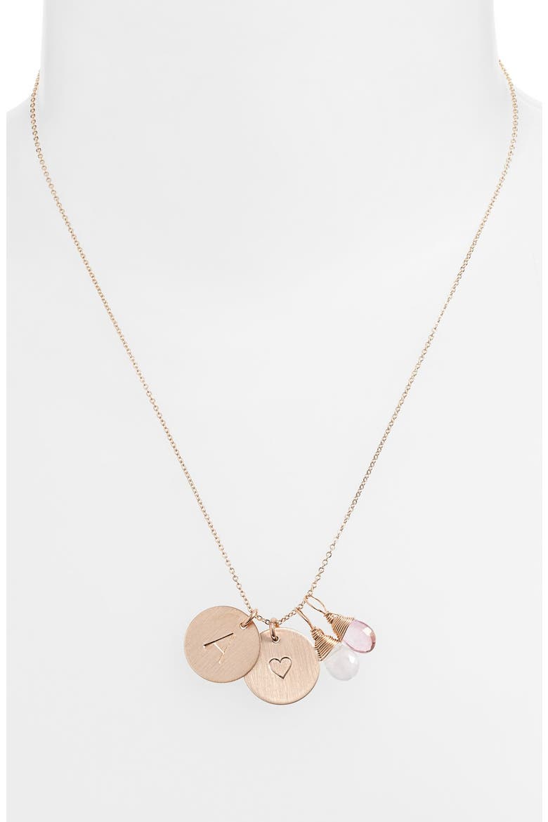 14k-Gold Fill Heart Disc, Moonstone & Pink Quartz Initial Necklace, Alternate, color, MOONSTONE AND PINK A