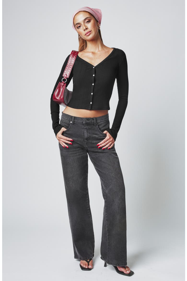Ribbed Henley Cardigan, Alternate, color, BLACK