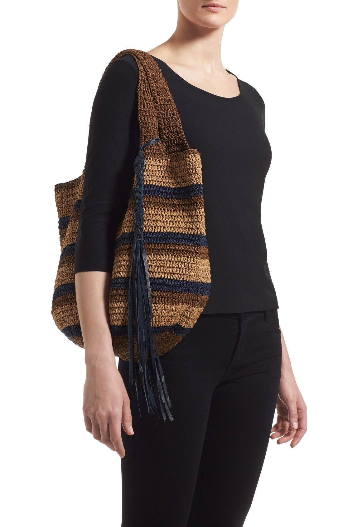 Caslon<sup>®</sup> Stripe Crochet Straw Shoulder Bag, Alternate, color, 