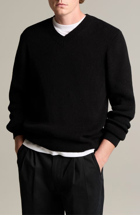 Solid V-Neck Cotton Blend Ribbed Sweater